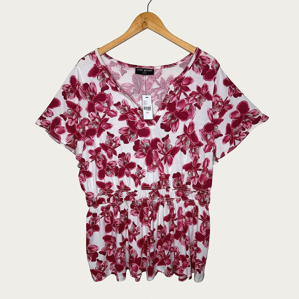 NWT Lane Bryant Peplum Top 18/20 Red Pink‎ Floral Notch Neck Cotton Blend Blouse